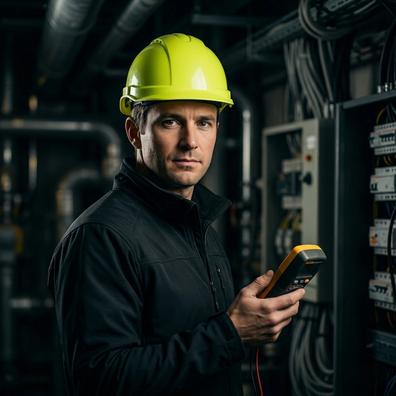 Specjalista z firmy instalacyjnej podczas kontroli instalacji technicznej